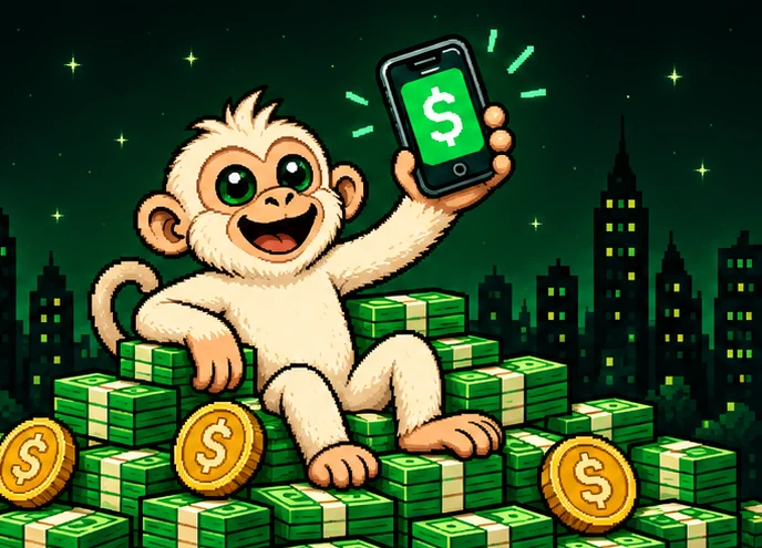 Pixel-art monkey holding a phone while sitting on stacks of cash